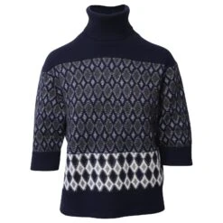 Chloé Pull Chloe à Col Roulé Et Motif Jacquard Argyle En Laine Mérinos Bleu Marine